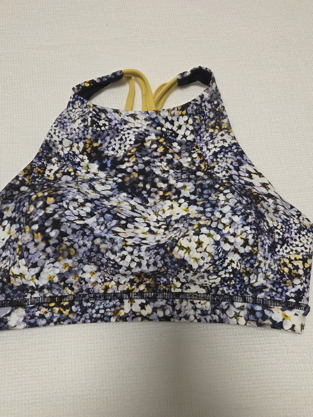 lululemon athletica Black Floral Sports Bra with Yellow Straps